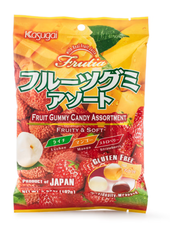 Kasugai Frutia Gummy Lychee/Mango/Strawberry Assorted 3.59 oz